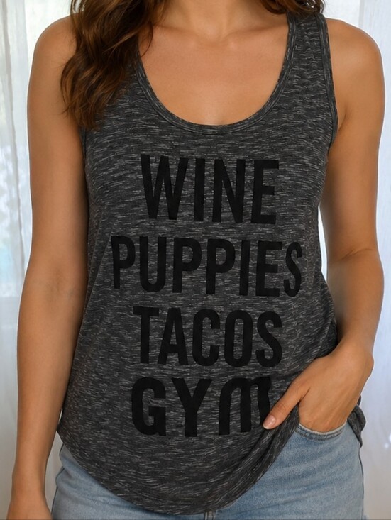 Tops - EVCR Womens Wine Puppies Tacos Gym Graphic Tank Top Blue Space Dye Small